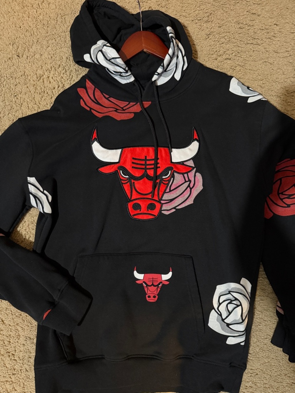 Black Crewneck Hoodie with Red Bull Head and Rose Graphics